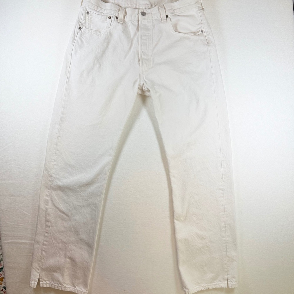 Levis 501 Original Straight Fit White Denim Jeans Mens 34x32 Button Fly Slit Hem